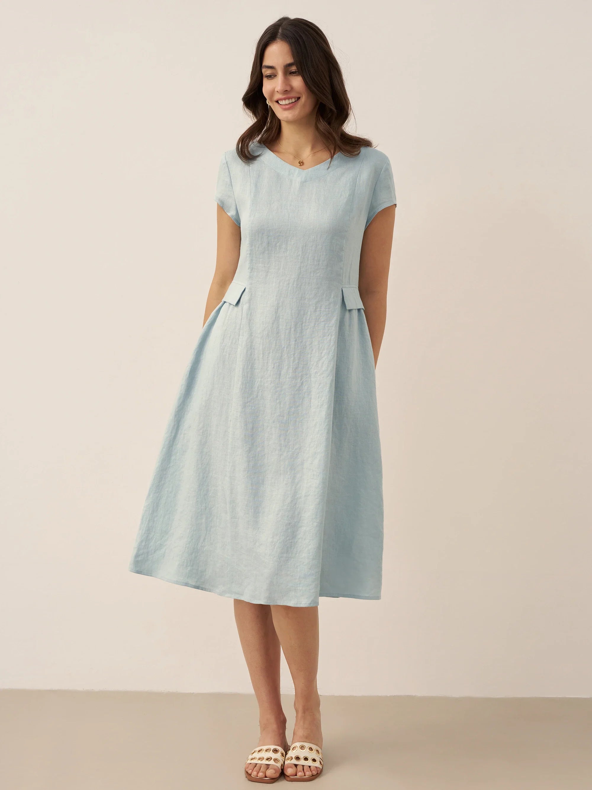 100% Linen Natural Summer V-Neck Dress ALEXA